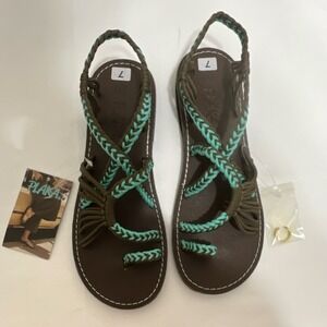 New Plaka Women Strappy Braided Casual Sandals  Brown Turquoise Size 7